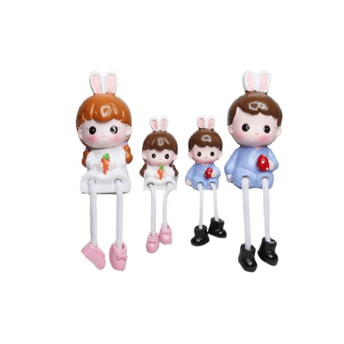 Wonderland (Set of 4) Cute Family Wear Rabbit Hairband eating Carrot Hanging Dolls, Showpiece Dolls Miniature Figurine-Living Room Home Decor Gift Item