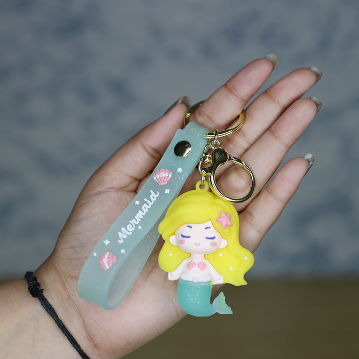 Mermaid Cartoon style keychain with band ( yellow and green)
