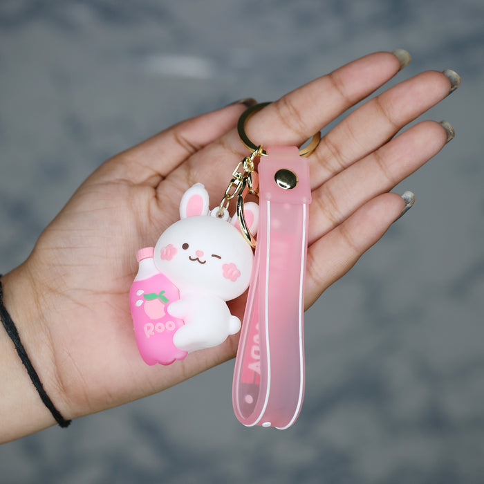 Cute Pink Bunny Cartoon style keychain with band