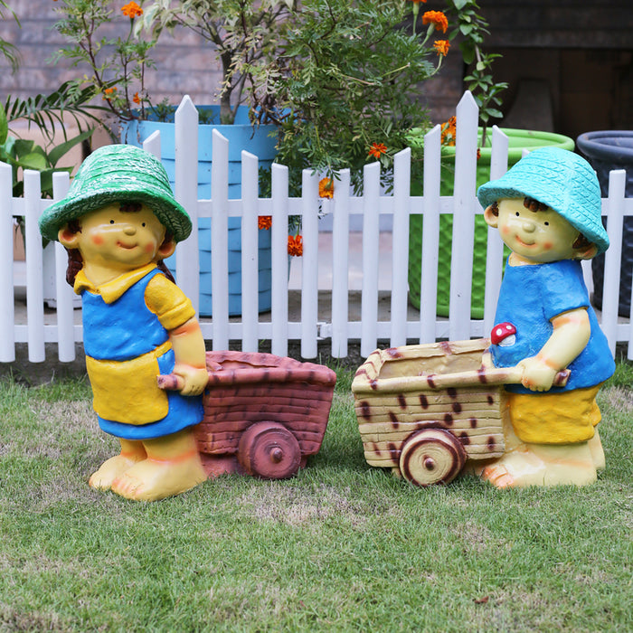 Resin Boy & Girl Pushing Cart Planter Pot for garden decor