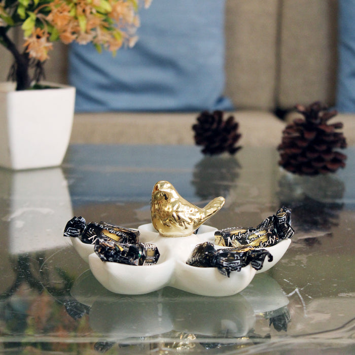Ceramic Leaf tray, platter with golden bird for trinkets, candy, dry fruit etc