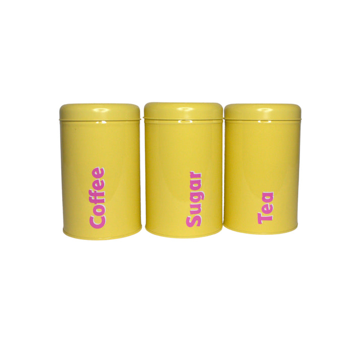 Wonderland Tea Coffee Sugar Canisters Kitchen: Set of 3 Nested Food Canister Containers Cream White Metal Jars with Airtight (Yellow)