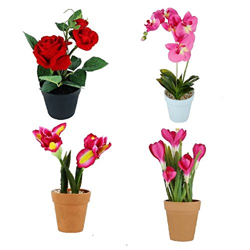Wonderland Set of 4 Artificial Real Looking Flower Pots ( Rose, Orchids, Yellow Pink Flower & Saffron