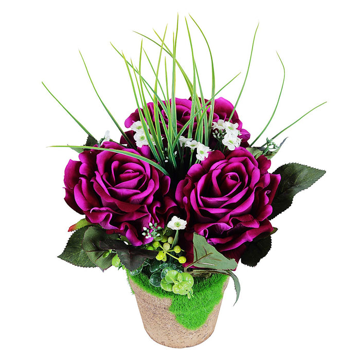Wonderland Artificial Flower Three Rose in Purple with Moss and Attached Pot
