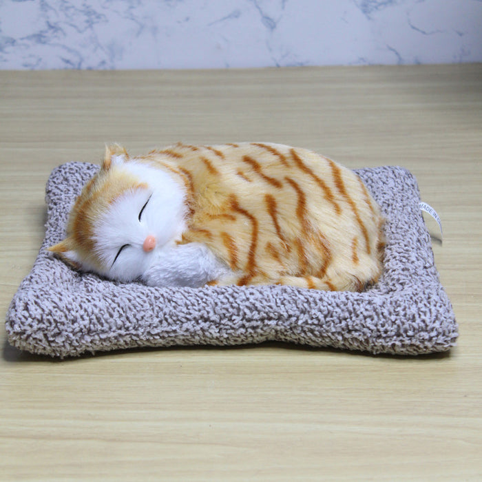Wonderland brown and white Cute sleeping artificial fur cat comes with sleeping pad | Artificial cat shape art and craft |  car and room décor