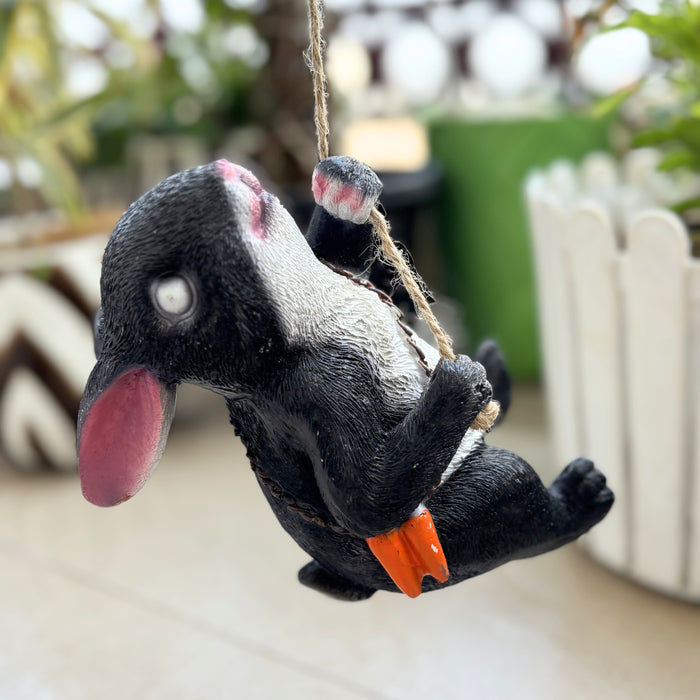 Wonderland Hanging Black & White Rabbit Garden Ornament with Orange Bag | Fiurine statue for Home & Garden Décor