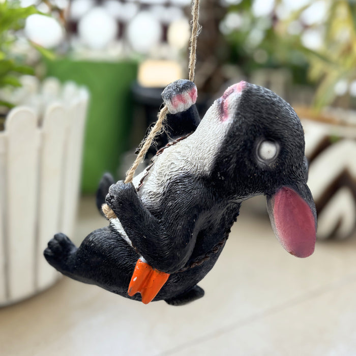 Wonderland Hanging Black & White Rabbit Garden Ornament with Orange Bag | Fiurine statue for Home & Garden Décor