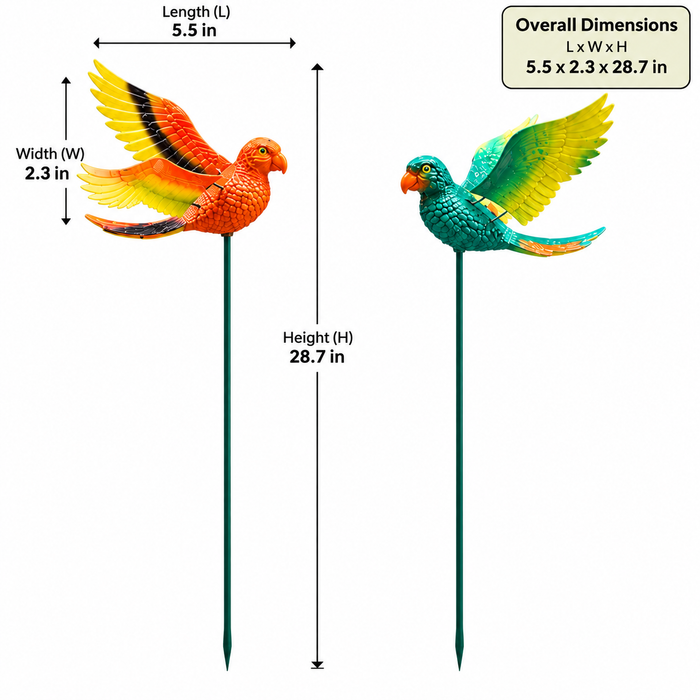 Vibrant Flying Parrot Garden Stakes (Set of 2) – Yellow & Green Tropical Macaw Bird Sticks for Garden Beds & Patio Greenery