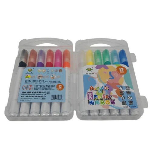 Set of 12 multi-color acrylic paint markers with white barrels and fine tips, displayed open in a clear plastic storage case