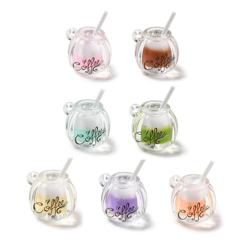 Wonderland Set of 7 Miniature Iced Coffee Jar Charms for Dollhouse, Resin Jewelry Making, or Craft Projects - Assorted Colors