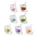 Miniature resin coffee cup charms with straws in seven different pastel and brown colors for jewelry making, including pink, brown, clear, green, yellow, purple, and orange.