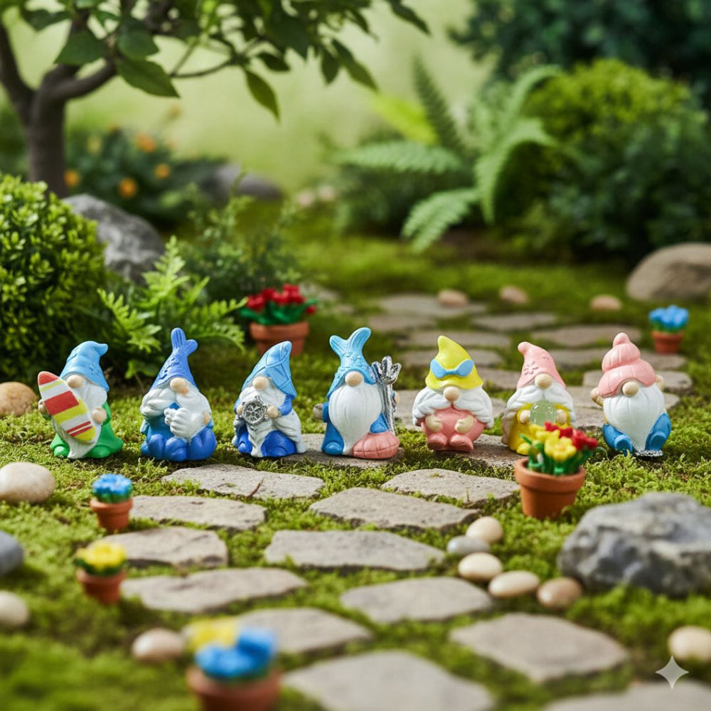 (Set of 7 Christmas Mini Gnomes Cute Beach Summer Gnomes Resin Miniature Gnomes Figurines Fairy Garden Accessories