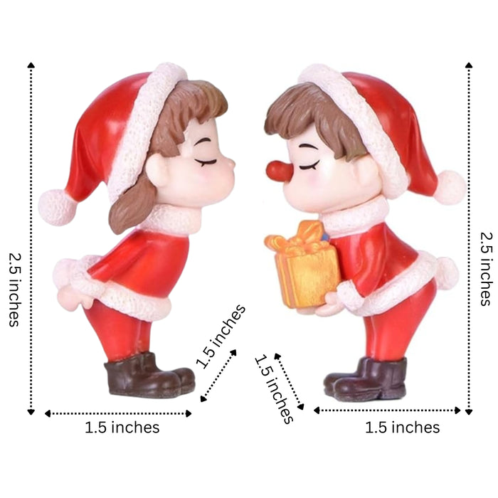 Wonderland Christmas Couple Miniature Figurine Set - Cute Boy and Girl in Santa Outfits with Gift - Holiday Resin Decor for DIY Terrarium, Dollhouse, Christmas décor