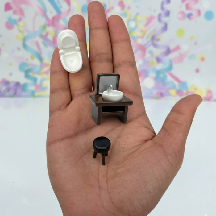 Wonderland 3-Piece Miniature Bathroom Furniture Set – Modern Vanity with Mirror, White Toilet, and Black Tripod Stool – 1:12 Scale Dollhouse Accessories