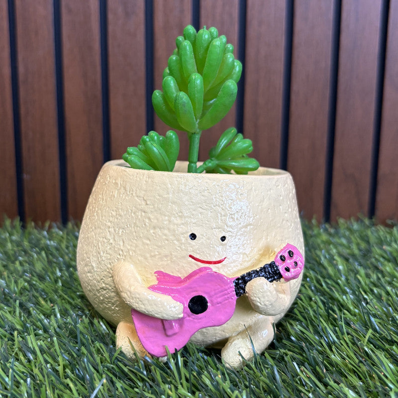 Adorable Happy Mini Planter with Pink Guitar