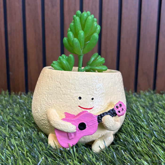 Wonderland Adorable Happy Mini Planter with Pink Guitar – Cute Yellow Character Pot for Small Succulents
