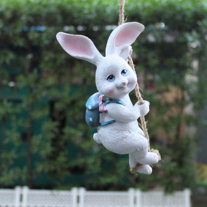 Wonderland Swinging Bunny Figurine| Garden décor|Resin Hanging Bunny Figurine for Tree, Porch, or Patio Decor