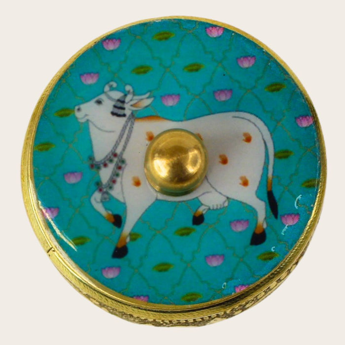 Enamelled Brass  Box with Sacred Cow Motif| Enamel Lid| Engraved Metal| sindoor box