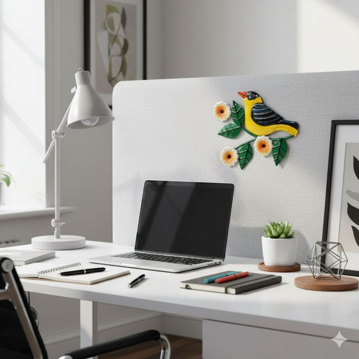 Wonderland set of 3Handcrafted Metal Yellow Bird on Branch Wall Art | Oriole Inspired Decorative Wall Hanging | Home & Garden Decor