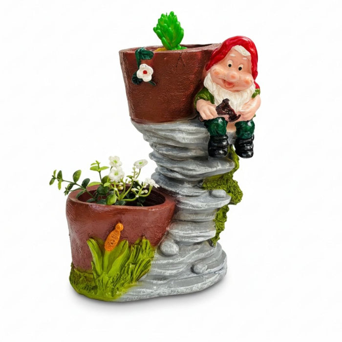 Wonderland Hand-Painted Gnome Sculpture Two-Pot Planter |Indoor/Outdoor Dual-Pot Gnome Accent Piece