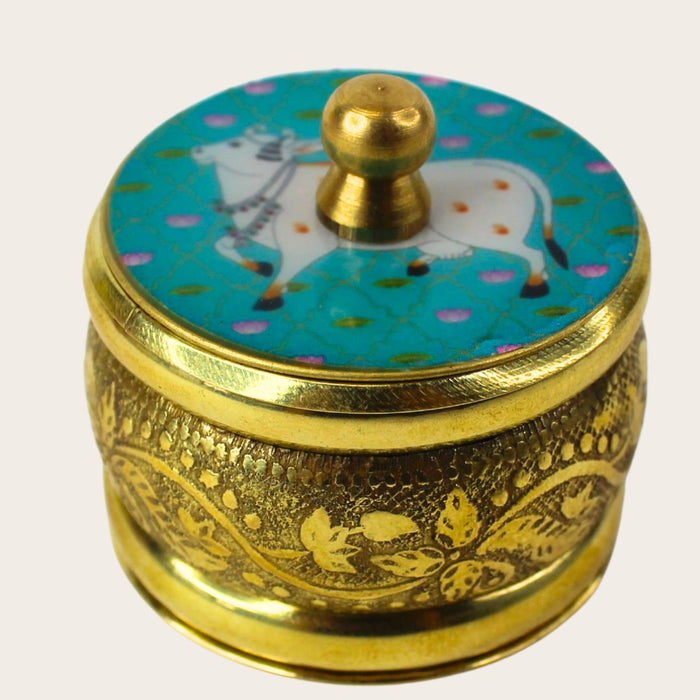 Enamelled Brass  Box with Sacred Cow Motif| Enamel Lid| Engraved Metal| sindoor box