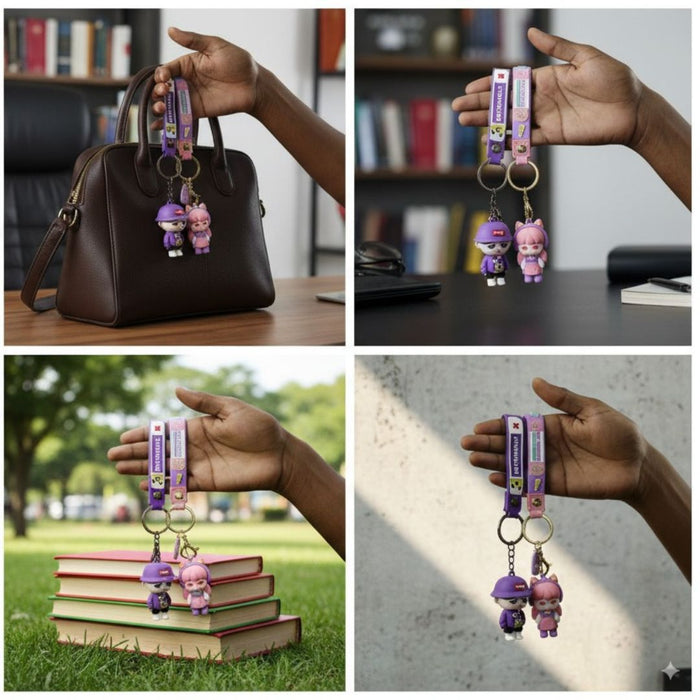 Wonderland Kawaii style ( set of 2) Cute Cartoon Keychains with Strap – Purple King Boy & Pink Cat Girl Set Keyrings for Bags & Keys