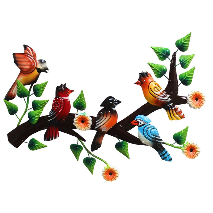 Wonderland Handcrafted Metal Birds on Branch Wall Art Decor for Home, Living Room, Garden, or Balcony - Colourful Nature-Inspired Iron Sculpture