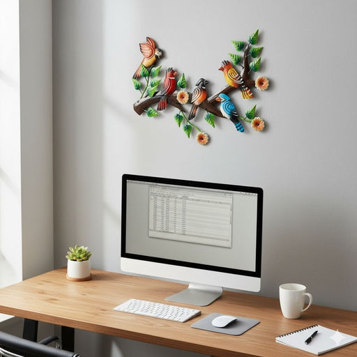 Handcrafted metal birds on branch wall art, Colourful iron bird sculpture home decor India, Nature-inspired wall hanging living room balcony, Iron birds wall decor showpiece gift