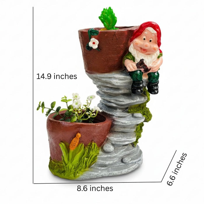 Wonderland Hand-Painted Gnome Sculpture Two-Pot Planter |Indoor/Outdoor Dual-Pot Gnome Accent Piece