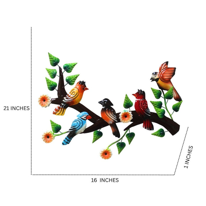 Wonderland Handcrafted Metal Birds on Branch Wall Art Decor for Home, Living Room, Garden, or Balcony - Colourful Nature-Inspired Iron Sculpture