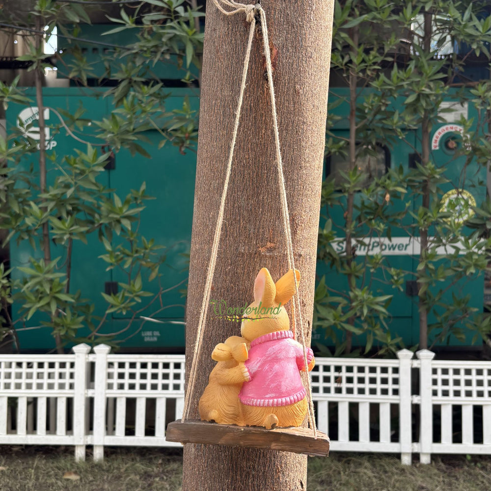 Hanging Garden Bunny Mother and Baby Duo on Swing – Whimsical Rabbit Statue