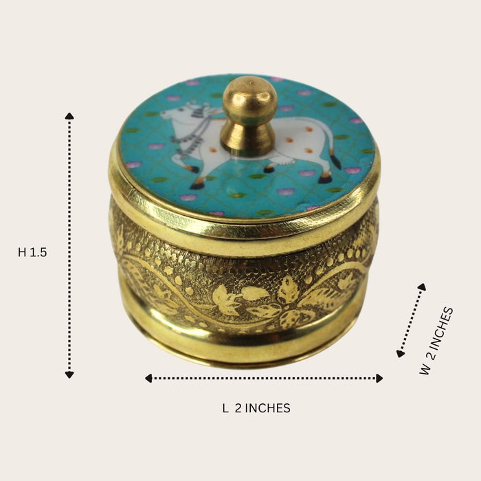 Enamelled Brass  Box with Sacred Cow Motif| Enamel Lid| Engraved Metal| sindoor box