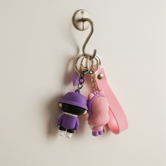 Wonderland Kawaii style ( set of 2) Cute Cartoon Keychains with Strap – Purple King Boy & Pink Cat Girl Set Keyrings for Bags & Keys