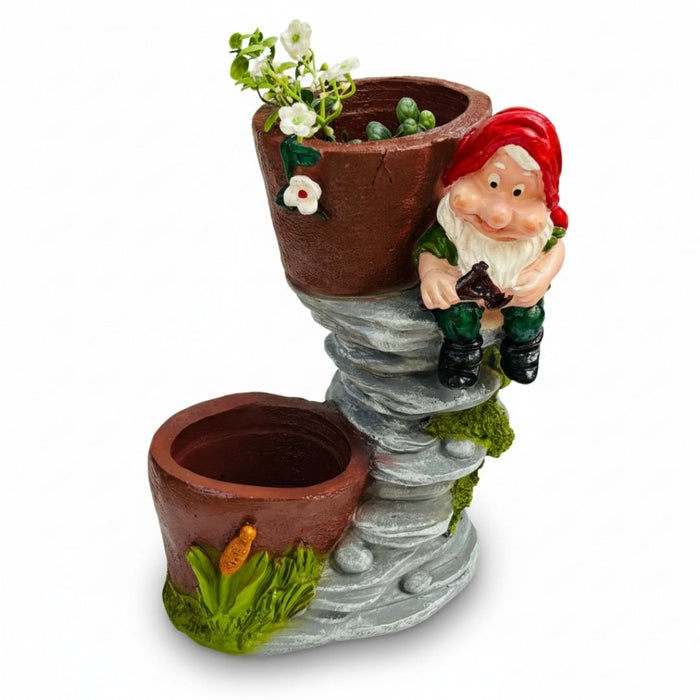 Wonderland Hand-Painted Gnome Sculpture Two-Pot Planter |Indoor/Outdoor Dual-Pot Gnome Accent Piece