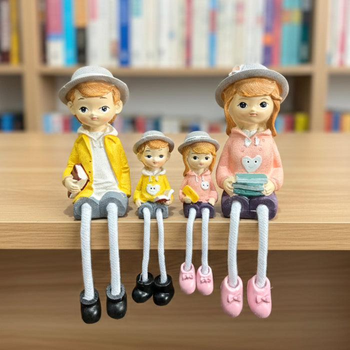Wonderland 4-Piece Family Figurine Set with Hanging Dolls  - Cute Resin Sitter Statues - Hand-Painted Family of Four Home Decor for Bookshelves (Bench Not Included)