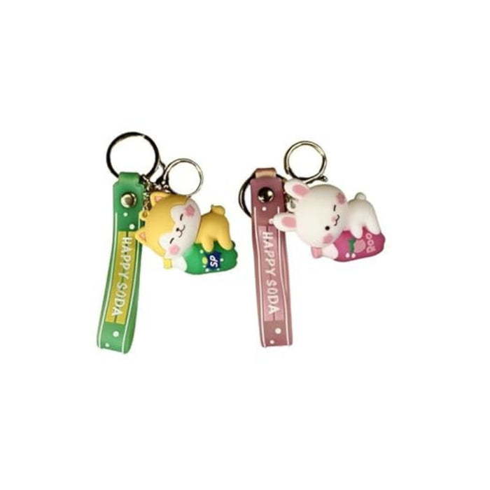 Wonderland Kawaii style ( set of 2) Happy Soda Animal Keychains with Holder Accessories, Backpack Car Key Chain for Boy Girl