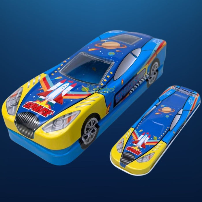 Wonderland Premium Car-Shaped Metal Pencil Box for Kids – Multi-Layer Stationery Organizer with Moving Wheels Blue Colour- 8x3.3x2 inch