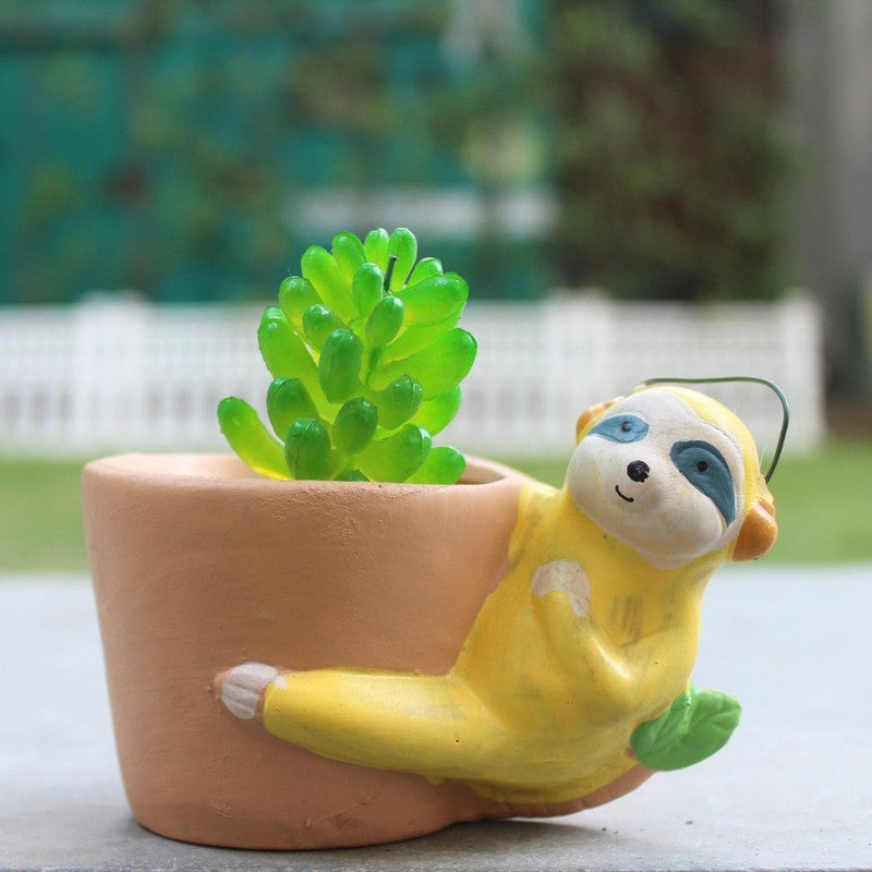Wonderland Cute Sloth Hanging/Leaning Ceramic Succulent Planter/Pot for Home Decor, Desk, or Balcony (Yellow & Brown)