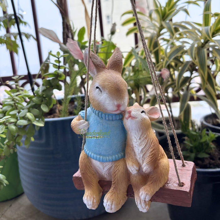 Wonderland Whimsical Hanging Garden Bunny Statue – Hand-Painted Rabbit Mother and Baby on Swing for Patio, Balcony, and Indoor Home Decor