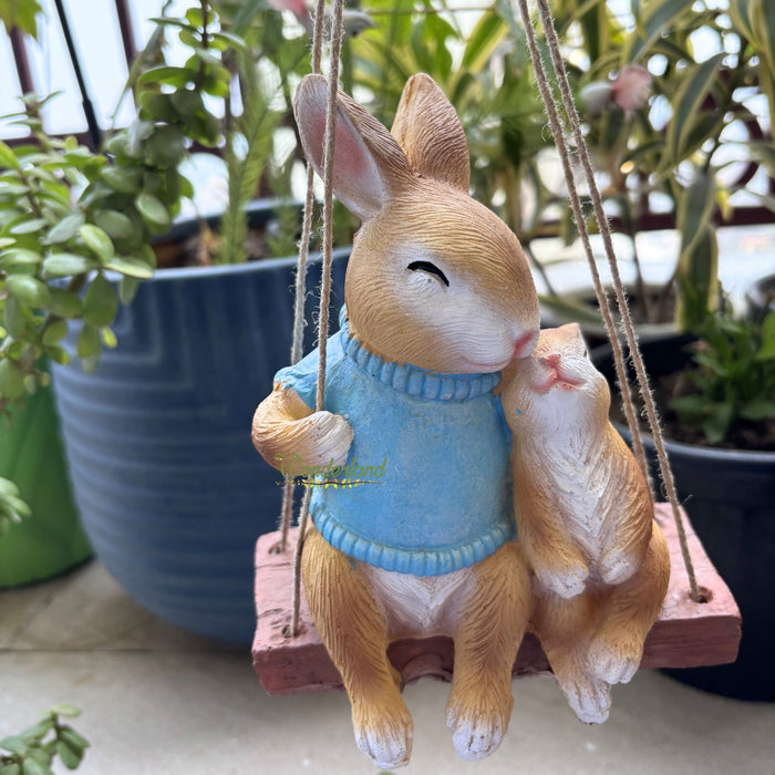 Wonderland Whimsical Hanging Garden Bunny Statue – Hand-Painted Rabbit Mother and Baby on Swing for Patio, Balcony, and Indoor Home Decor
