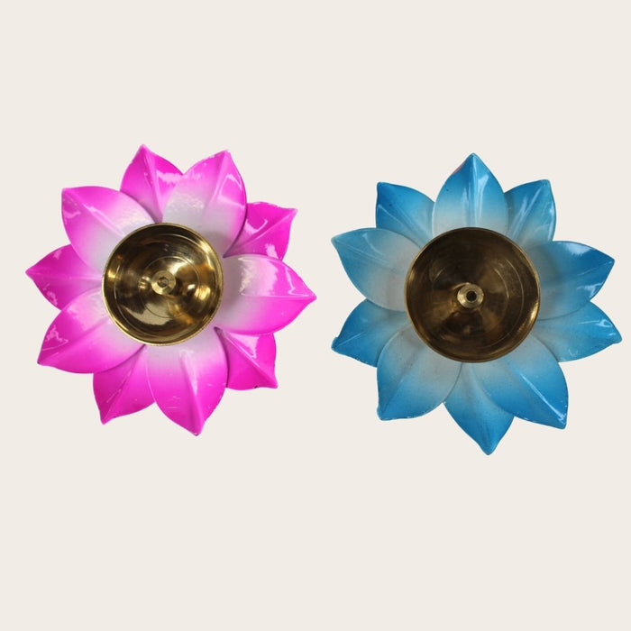 Wonderland Pink and Blue Lotus Brass Diya Set of 2| Diwali Festive décor| indian Traaditions