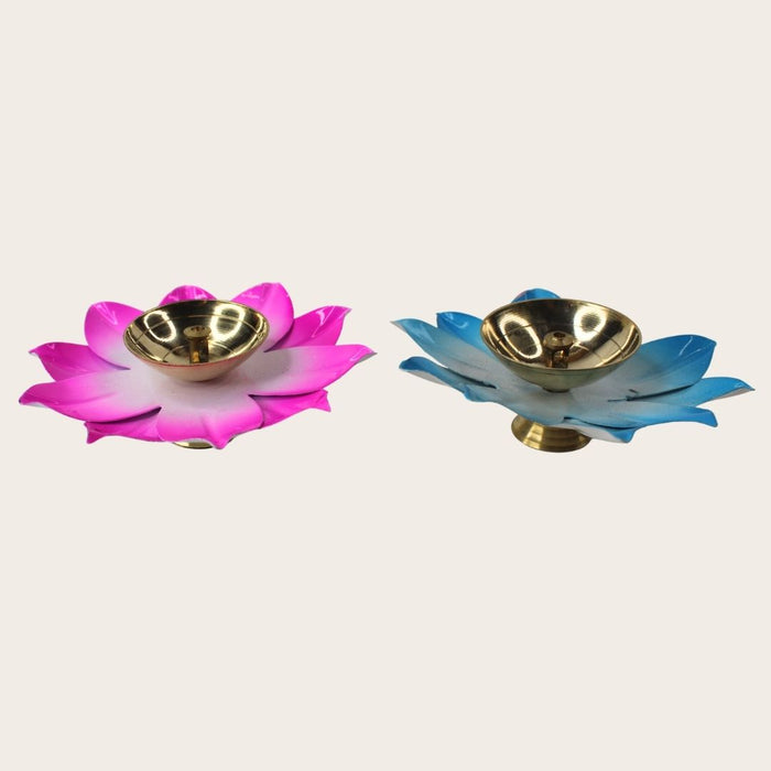 Wonderland Pink and Blue Lotus Brass Diya Set of 2| Diwali Festive décor| indian Traaditions