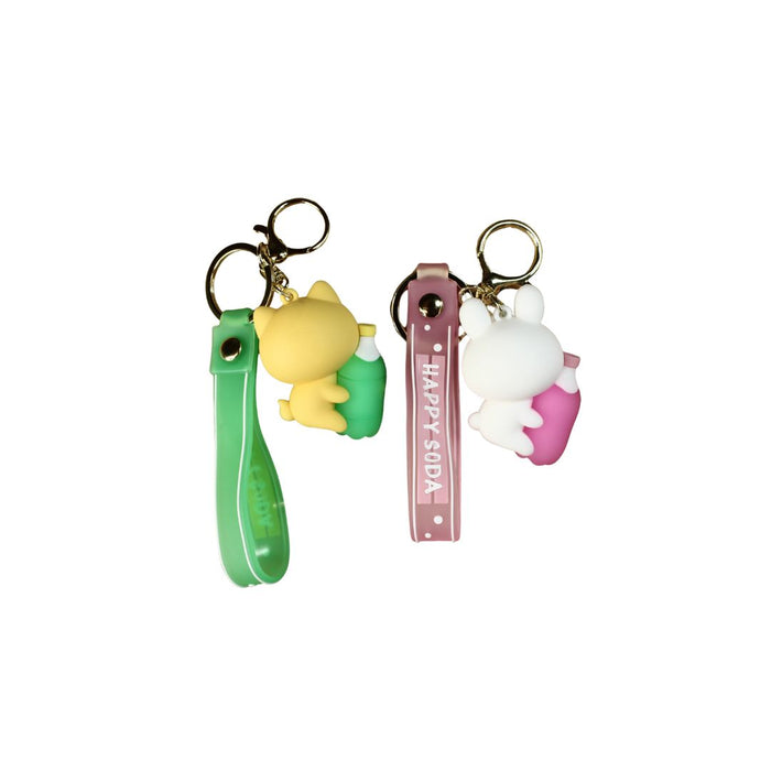 Wonderland Kawaii style ( set of 2) Happy Soda Animal Keychains with Holder Accessories, Backpack Car Key Chain for Boy Girl