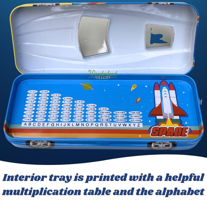 Wonderland Premium Car-Shaped Metal Pencil Box for Kids – Multi-Layer Stationery Organizer with Moving Wheels Blue Colour- 8x3.3x2 inch