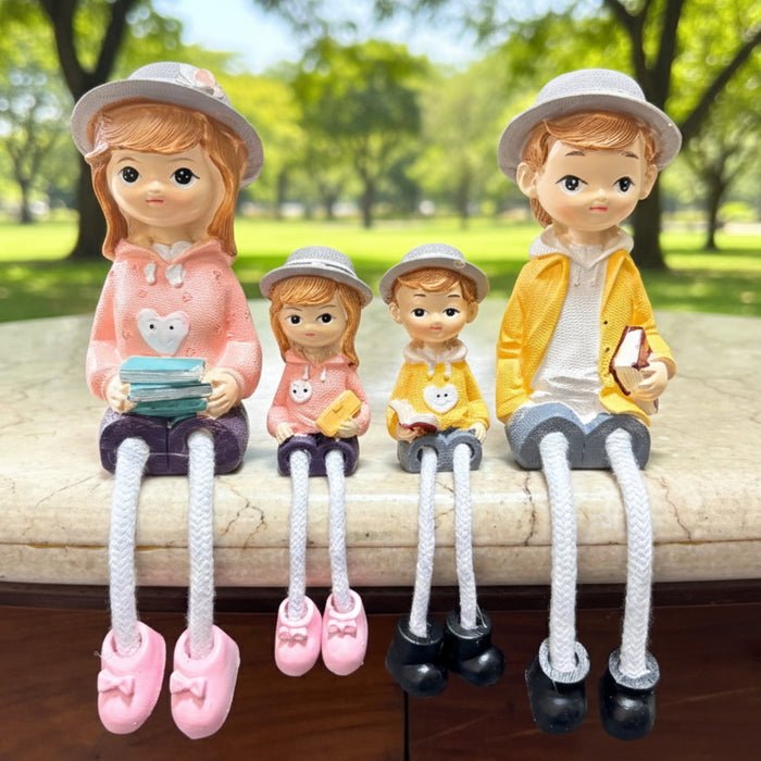 Wonderland 4-Piece Family Figurine Set with Hanging Dolls  - Cute Resin Sitter Statues - Hand-Painted Family of Four Home Decor for Bookshelves (Bench Not Included)