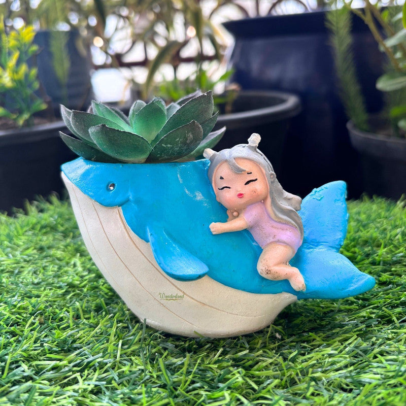 4.7 Inch Whimsical Blue Whale & Sleeping Fairy Succulent Planter – Decorative Resin Indoor Pot for Small Plants, Air Plants, and Fairy Gardens- Plant Not Included