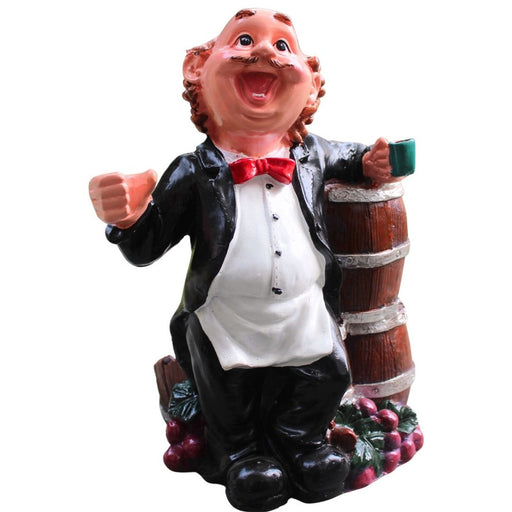 butler figurine wine bottle holder, waiter statue resin showpiece, cheerful man bar decor, kitchen accessory novelty gift, polyresin grapes accent