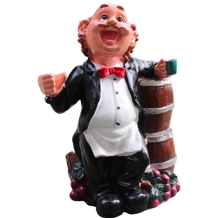 butler figurine wine bottle holder, waiter statue resin showpiece, cheerful man bar decor, kitchen accessory novelty gift, polyresin grapes accent