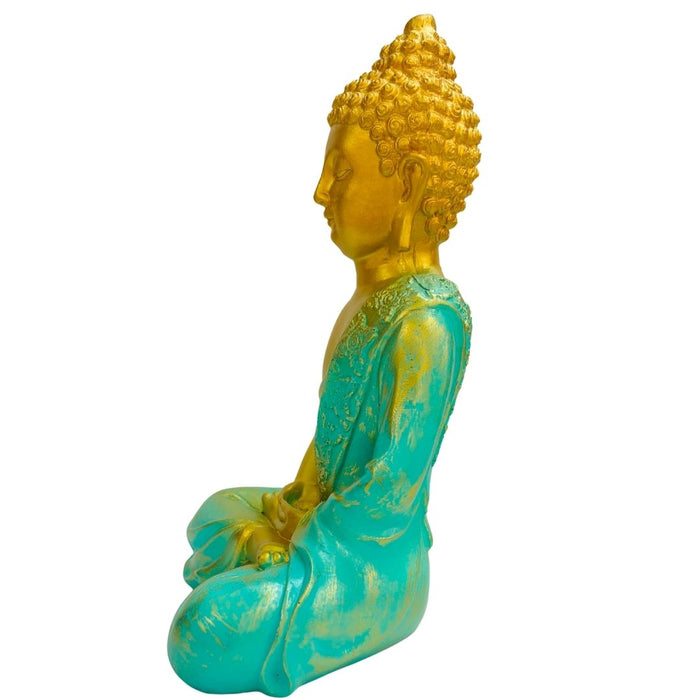 Wonderland Hand-Painted Gold & Teal Meditating Buddha Showpiece for Office, Temple, or Home