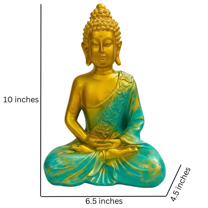 Wonderland Hand-Painted Gold & Teal Meditating Buddha Showpiece for Office, Temple, or Home